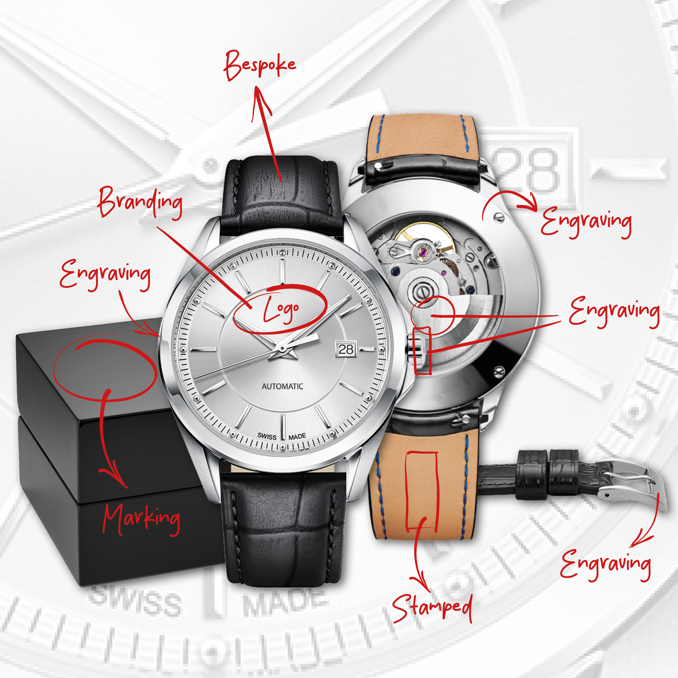 Customizable bespoke watch by Watch Branding, offering personalization options including logo imprint on the dial, custom engravings, and strap materials to match your brand identity.