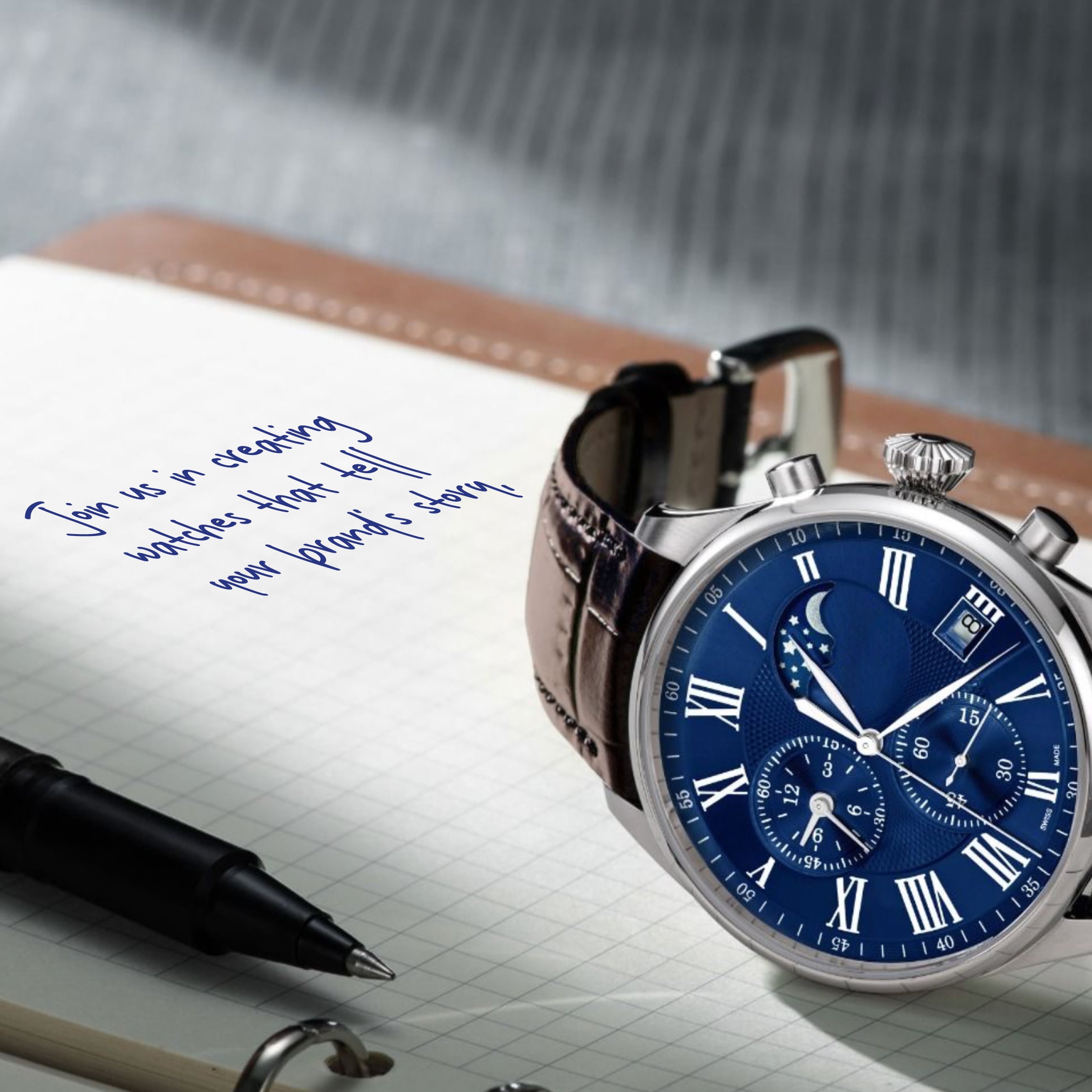 High-quality Swiss Made private label or promotional watch displayed on graph paper in a luxury binder, symbolizing precision and craftsmanship by Watch Branding