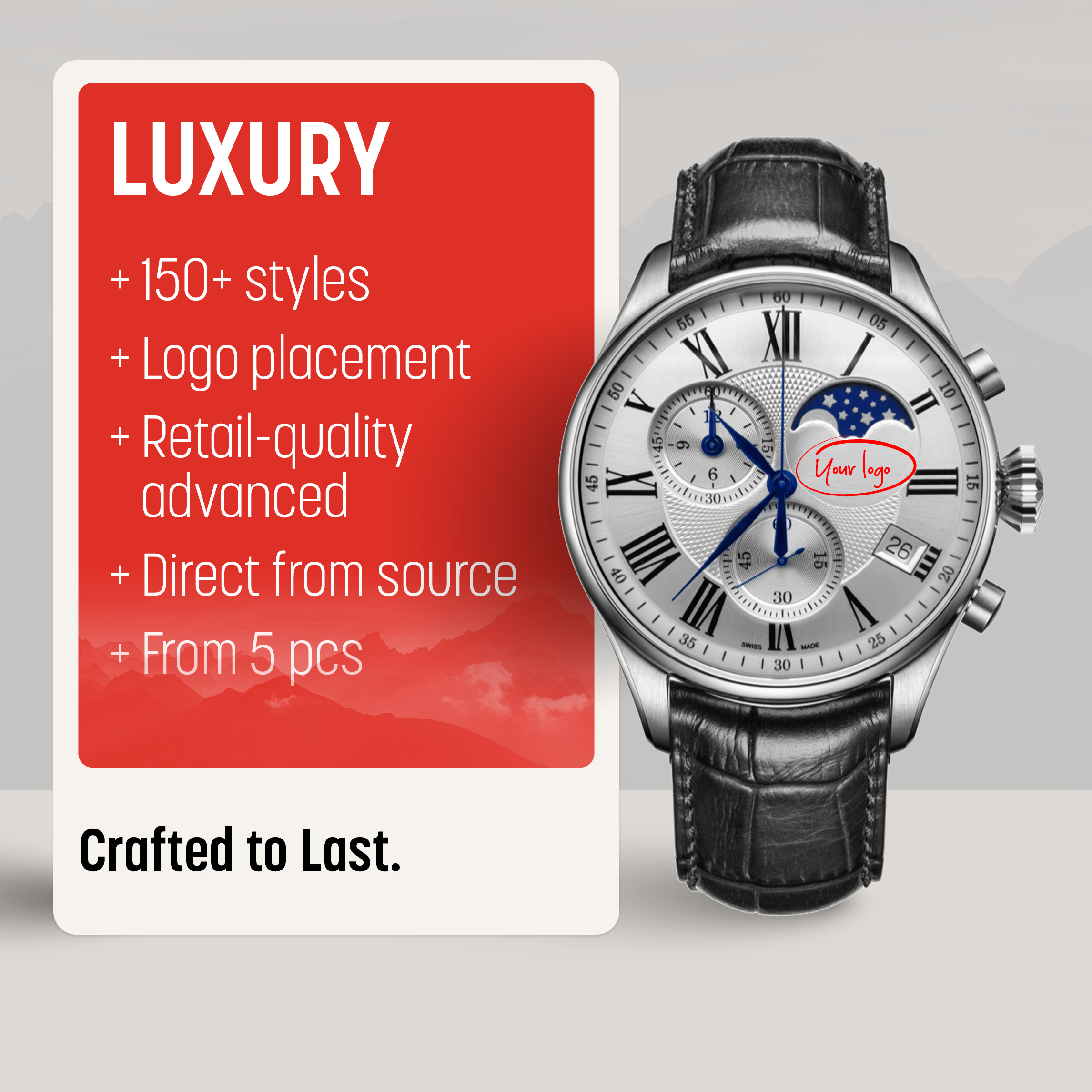 Luxury custom logo watches for executive and corporate gifting by Watch Branding, featuring precise detailing and refined logo integration on the dial.