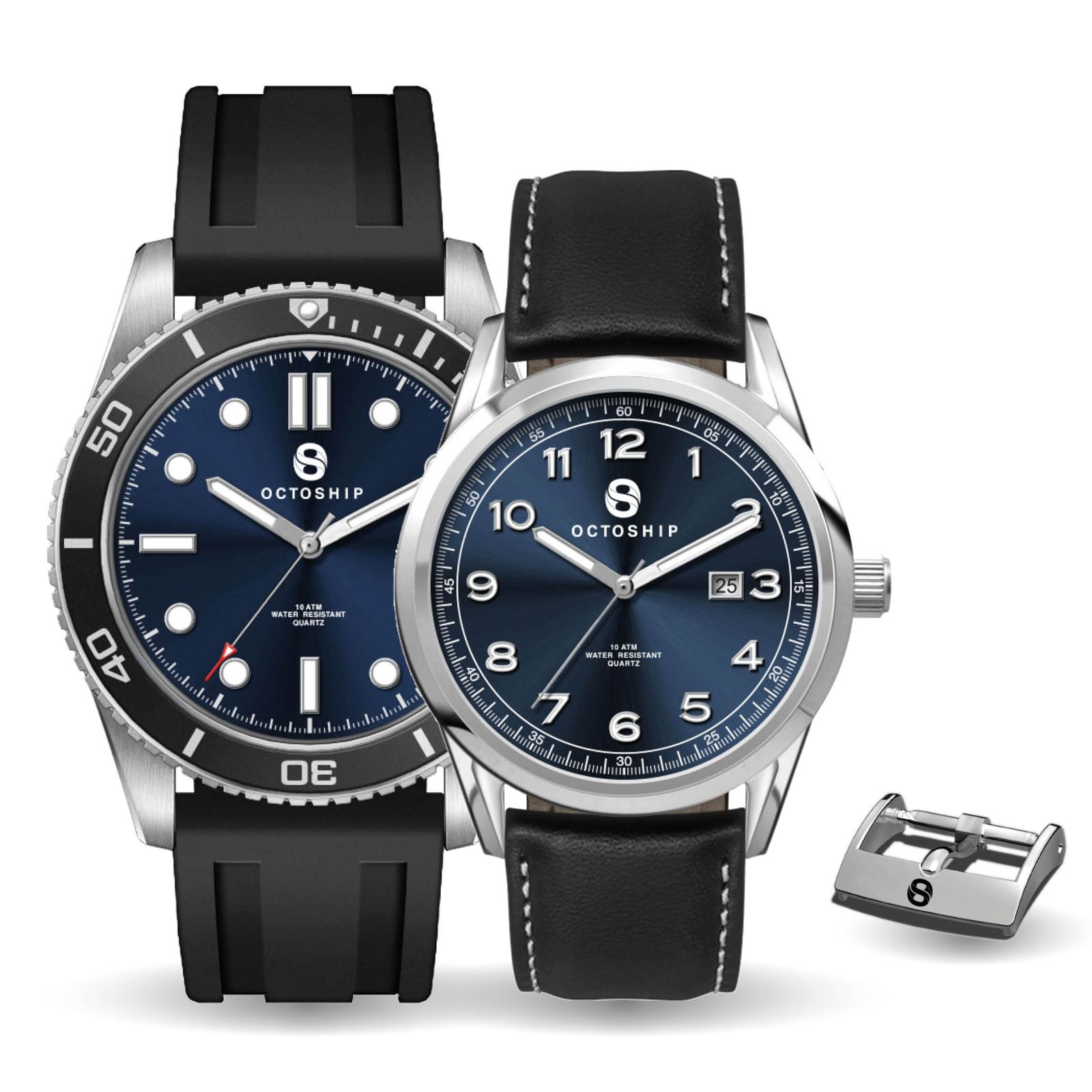 Watch Branding premium custom logo watches for Octoship, showing two personalized watches with the company logo integrated on the dial and a matching engraved clasp.