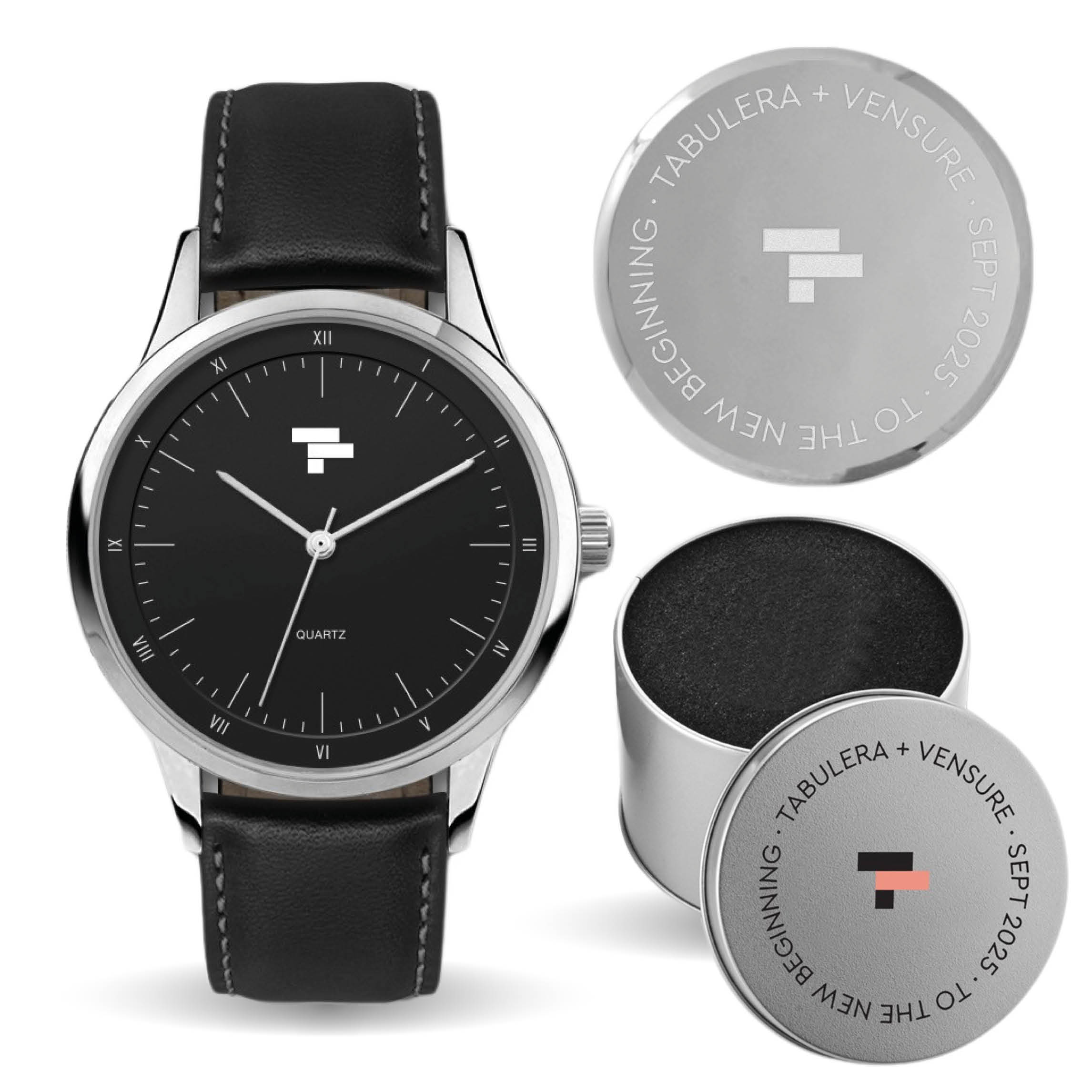 Watch Branding promotional custom logo watch for Tabulera, showing a personalized watch with their company logo integrated on the dial and an engraved stainless steel caseback.