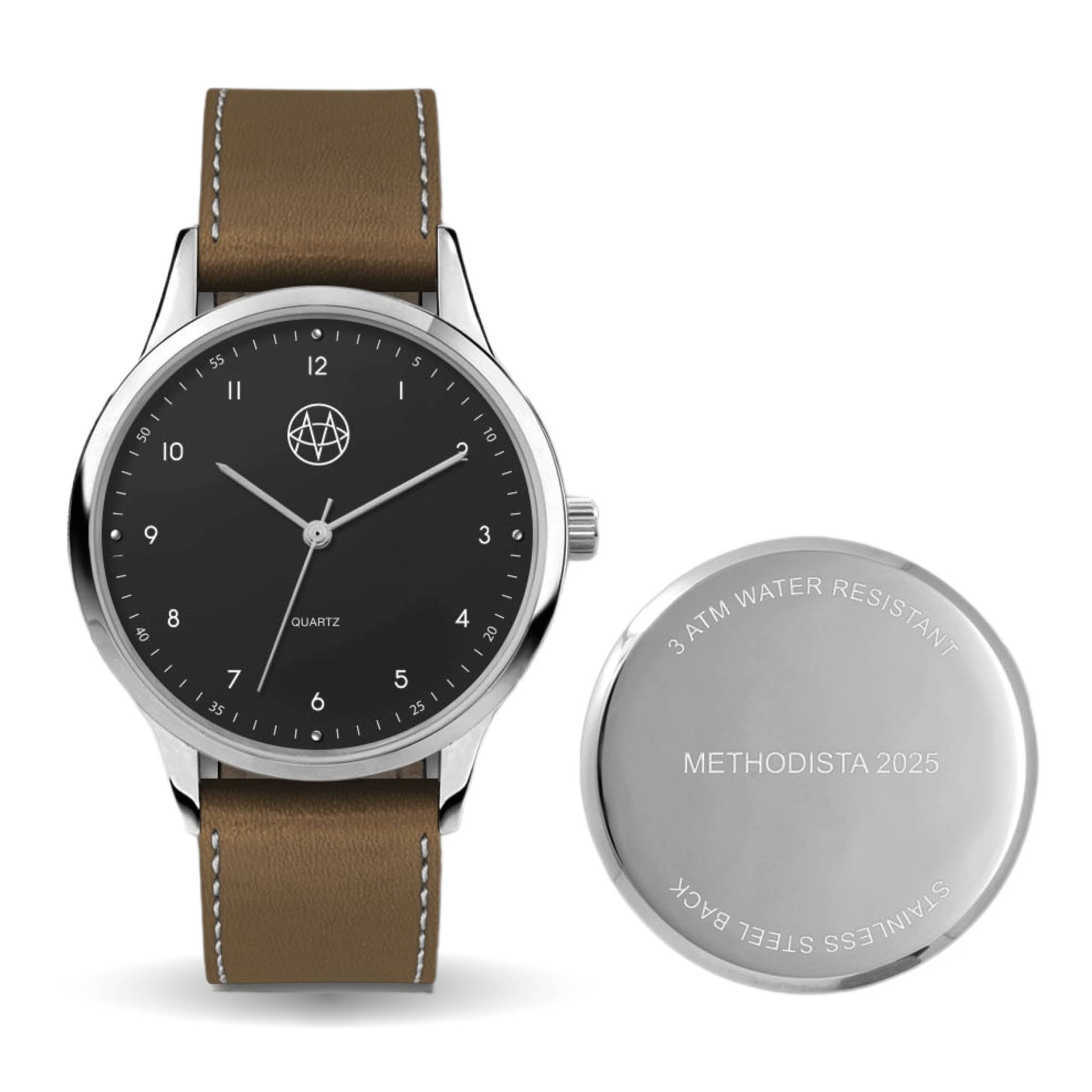 Watch Branding promotional custom logo watch for Methodical Coffee, showing a personalized watch with a raised company logo on the dial and an engraved stainless steel caseback.