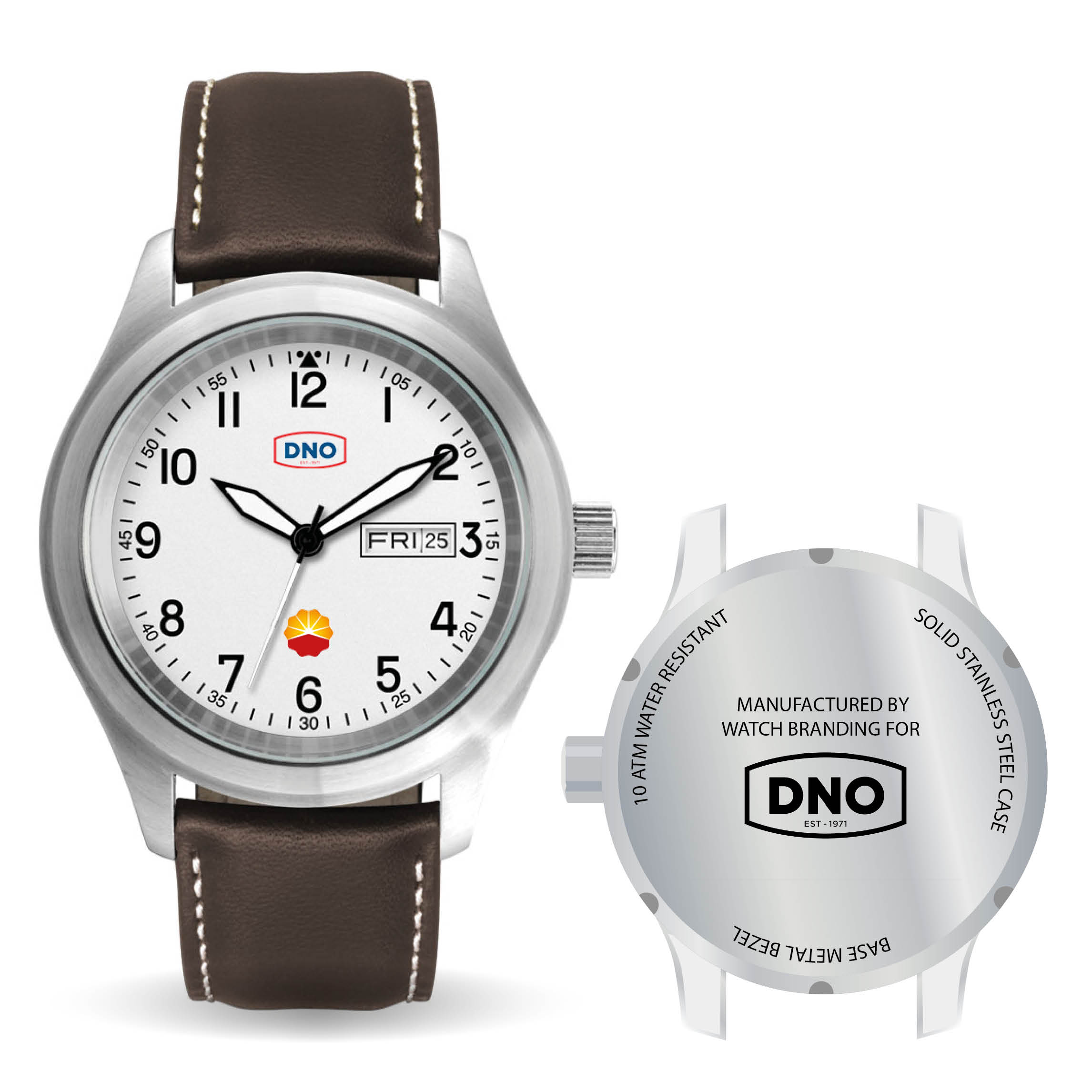 Watch Branding premium custom logo field watch for Petroscope Limited, showing a personalized watch with the company logo integrated on the dial and an engraved stainless steel caseback.